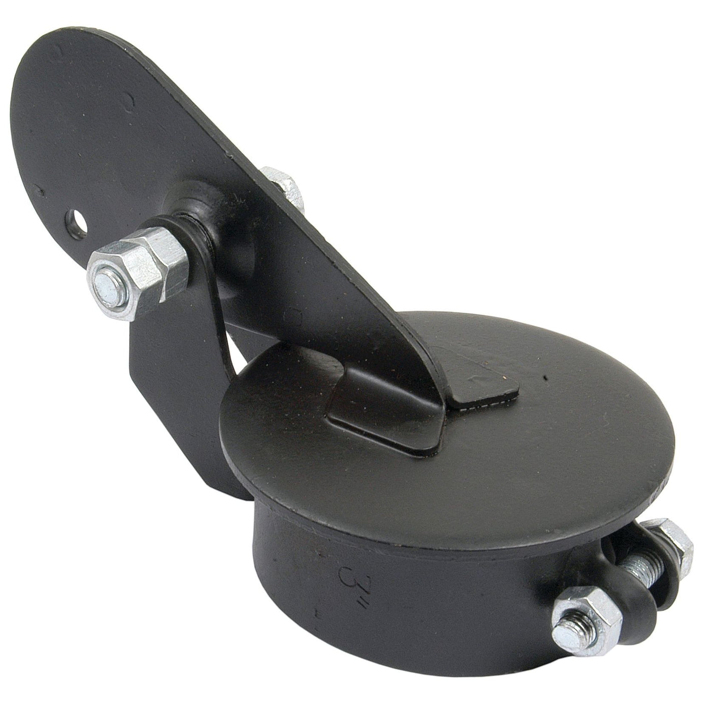 The Weather Cap - Counter Balanced, Ø 2 3/4'' (69.8mm), available as Sparex Part No.S.19780, is a black, circular metal component complete with bolts and nuts, commonly utilized for mechanical support or joinery due to its counter balanced design.