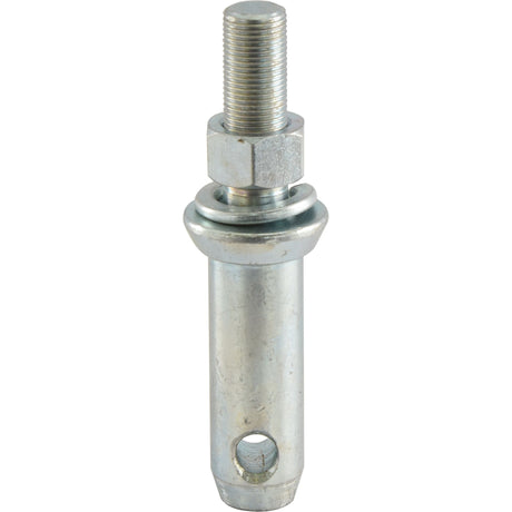 The Lower Link Implement Pin 28x149mm from Sparex, also known as Sparex Part No. S.197, is a robust metal pivot bolt with a threaded top featuring a 3/4'' UNF thread size and comes with a hex nut. Its cylindrical body includes a hole near the base, making it ideal for implement attachments.