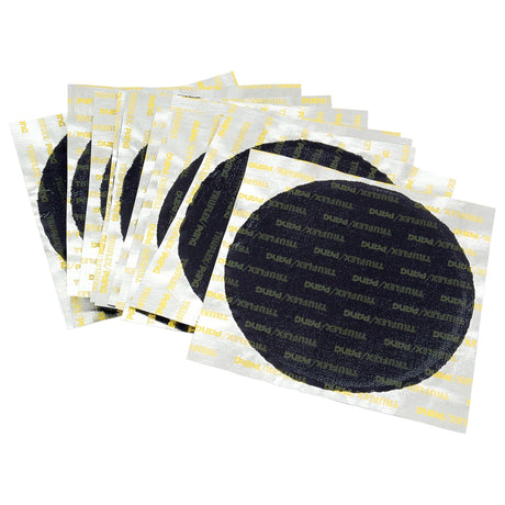 A stack of Sparex NLA REPAIR PATCH - TUBE - 116MM, ideal for puncture repair, each featuring a black circular patch on a square backing with yellow text (Sparex Part No. S.19803).