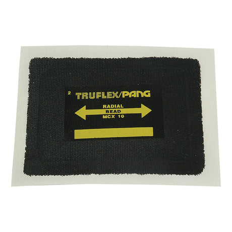 A rectangular black patch with yellow text reads "Repair Patch, Radial - 65x80mm | Sparex Part No.S.19804" and features a double-headed arrow, perfect for those needing Radial Tyre Repair Patches from the Sparex brand.