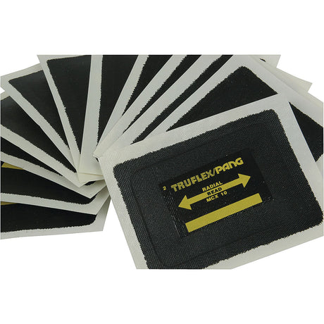 A stack of Sparex Repair Patches, Radial - 65x80mm, each featuring black fabric and yellow text displaying the model S.19804, perfect for heavy-duty repairs.