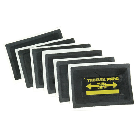 A set of six rectangular tire repair patches, measuring 75x125mm and labeled "REPAIR PATCH-RADIAL-75X125MM | Sparex Part No.S.19805" from the Sparex brand, ideal for radial tire repair.