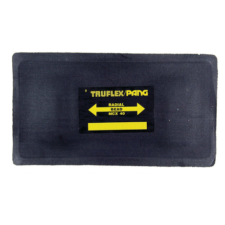 A rectangular gray rubber patch with a black and yellow label, reading "REPAIR PATCH-RADIAL-100X200MM S.19806" with two arrows pointing to the sides, ideal for Radial Tyre Repair Patches from Sparex.