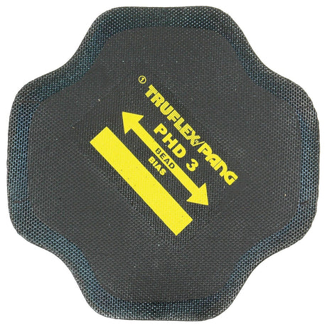 Close-up of a black, durable tire repair patch labeled "REPAIR PATCH-CROSS PLY-100MM" by Sparex (Sparex Part No.S.19810) with a yellow directional arrow.