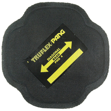 A durable, black, flower-shaped object labeled "REPAIR PATCH-CROSS PLY-130MM" with the text "Sparex Part No.S.19811" features yellow arrows pointing left and right; it resembles a stylish tyre patch from the brand Sparex.