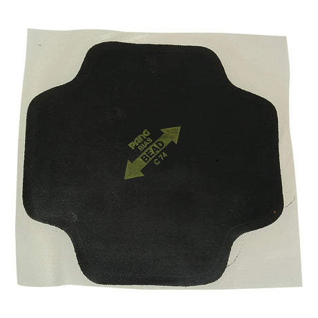 A durable REPAIR PATCH-CROSS PLY-165MM (Sparex Part No.S.19812) by Sparex, featuring the text "PANG BEAD C74" printed in yellow on a black surface, adhered to a white background. The patch is square with slightly rounded, extended edges, making it ideal for tyre patches and sidewall repairs.