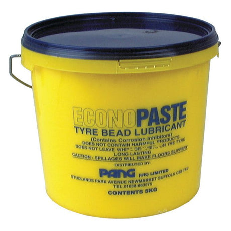 The Econopaste Tyre Bead Lubricant 5kg, Sparex Part No. S.19819, from Sparex features a yellow bucket with a blue lid and includes corrosion inhibitors. It's ideal for tyre mounting and contains warnings about slippery floors if spilled, ensuring quality and safety in every use.