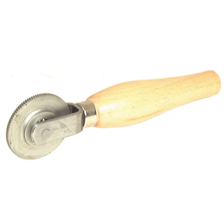 A Tyre Stitching Tool by Sparex, part no. S.19822, featuring a sturdy wooden handle and a precise 50 x 3mm metal wheel for cutting dough.