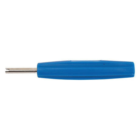 A Sparex Tyre Valve Removal Tool (Sparex Part No. S.19824) featuring a blue handle and metal tip for extracting valve cores from tire valves, listed under Tariff Code 8481900090.