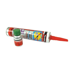 A tube labeled "Terostat-8597" with an orange nozzle lies beside a small green-capped bottle of Teroson Etch Primer, forming part of the comprehensive Glass Glazing Kit by Sparex (Part No. S.19834).