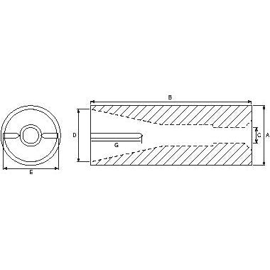 Technical drawing depicting a cylindrical component labeled with dimensions A, B, C, D, E, and G. The diagram presents both a side view and an end view illustrating the internal and external features of the Loader Tine Bush - Ø50 x 110mm (Conus 1 - With Grooves to stop tine turning). This part is distributed under Sparex Part No. S.19835 by the brand Sparex.