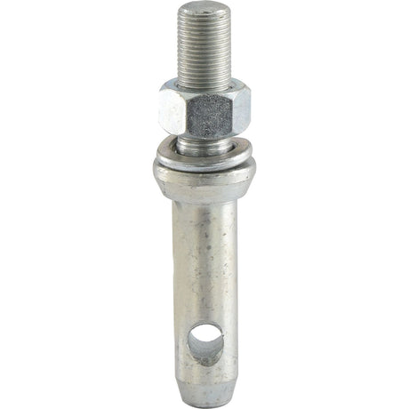 The Lower Link Implement Pin from Sparex (Part No. S.198) features a 22mm diameter and an overall length of 140mm. It includes a hexagonal nut and washers, with a threaded top (thread size 3/4'' UNF x 48mm), transitioning to a smooth cylindrical bottom that has a single hole near the base, making it versatile for various implementations.