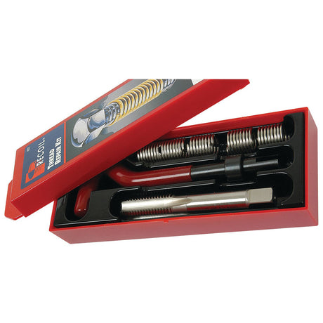 A RECOIL KIT-UNC 3/8"X16 by Sparex (Part No. S.19902) is a red, open tool box containing various metal tools, including a coil insert, tap, 10 inserts of 3/8" UNC size, and an installation tool used for thread repair.