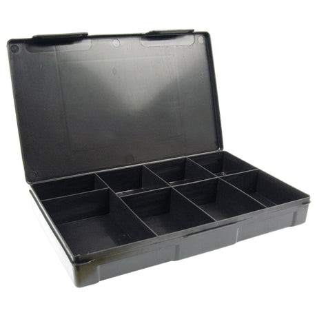 The Sparex Handipak Box (Inject.Moulded) S.1999 is a black, inject-moulded plastic storage box with an open lid, featuring multiple compartments of varying sizes.