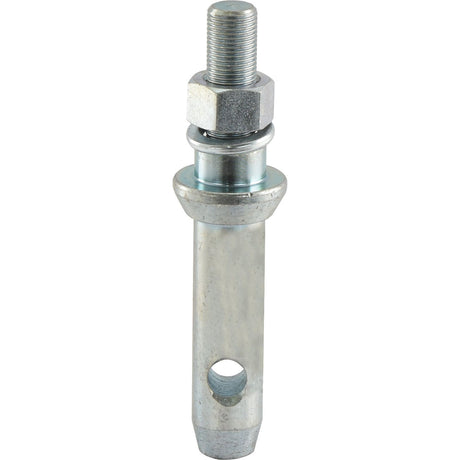 The Sparex Lower Link Implement Pin (22x140mm) featuring a 5/8''x43mm UNF threaded top section, a smooth cylindrical middle with a flange, and a hole near the base is ideal as an Implement Attachment Pin.