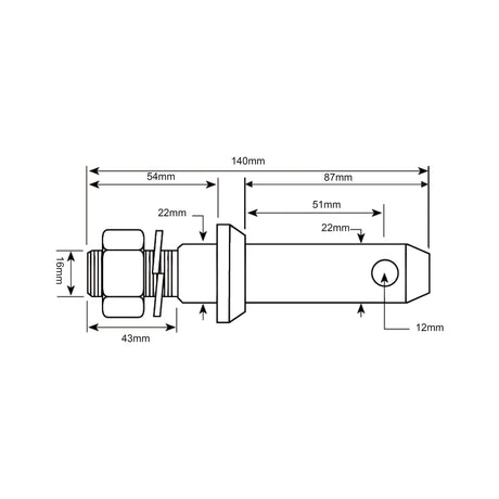 Technical drawing of a cylindrical component with various measurements. The Lower Link Implement Pin 22x140mm by Sparex, often used as an implement attachment pin, measures 140mm in total length, including detailed dimensions of 54mm, 87mm, 51mm, 22mm (diameter), 16mm, and a thread size of 5/8''x43mm Cat. 1. This component is identified as Sparex Part No.S.199.