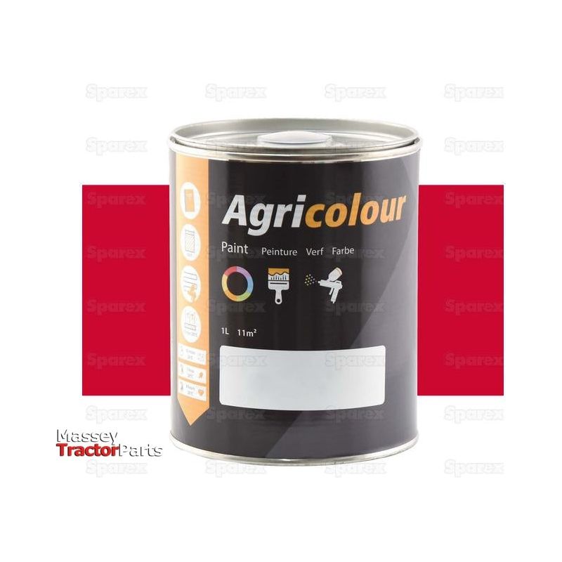 A 1-liter can of Sparex S.83000 agricultural paint in Flame Red is displayed against a red and white background, featuring icon labels that highlight its suitability for painting machinery and equipment. The branding prominently includes Massey Tractor Parts, guaranteeing UV resistance and gloss retention.