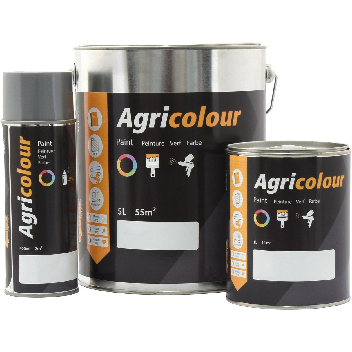 Three containers of Agricoulour paint of different sizes: a spray can, a 1-liter can labeled as "1L FLAME RED - S.83000", and a 5-liter can, all from the brand Sparex. Each container features black and orange labeling with paint usage icons, providing excellent UV resistance for long-lasting gloss retention in agricultural applications.