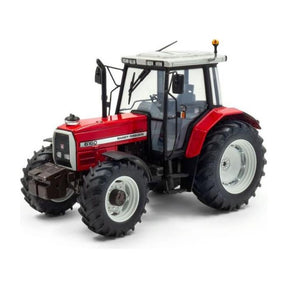 A red 1:32 Massey Ferguson 6160 Dynashift tractor from AGCO, featuring large black tires, white rims, and a covered cab. The Universal Hobbies UH6331 model showcases the tractor viewed from the front-left side.