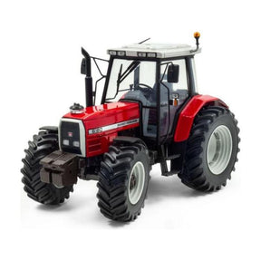 A red Massey Ferguson - 1:32 Massey Ferguson 6180 Dynashift (UH6332) tractor, branded by AGCO, featuring large black wheels, a white roof, and a powerful Perkins diesel engine.