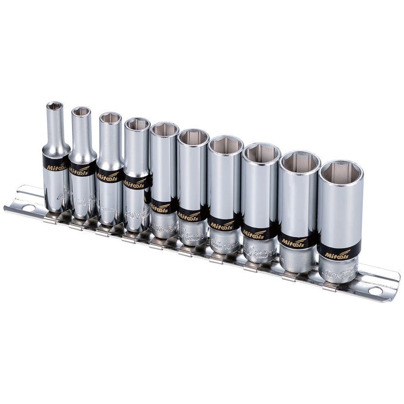 A set of ten chrome-finished socket wrenches, including a 1/4'' drive size socket, neatly arranged on a metal storage bracket. This is the Sparex 1/4'' Drive Deep Socket Set (10 pcs.) - S.26858.