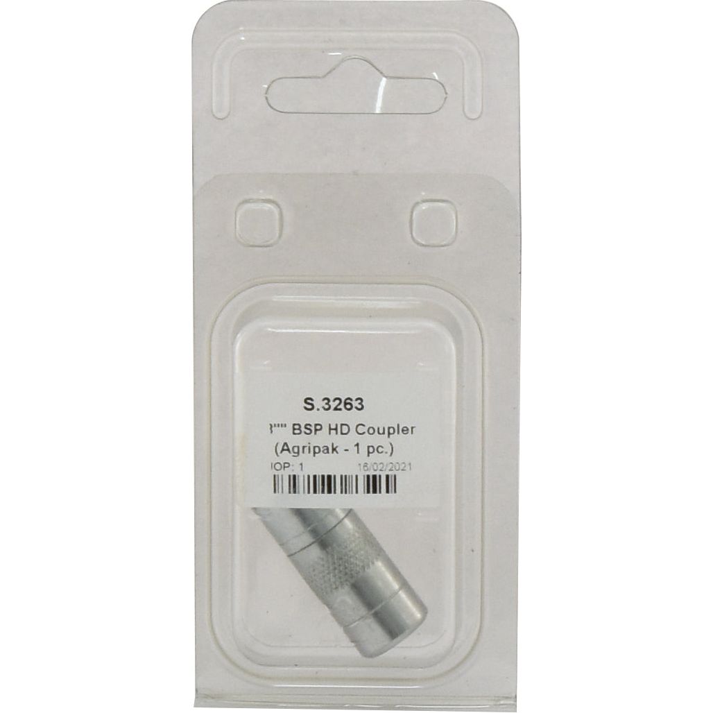 A Grease Gun Coupler 1/8'' BSP HD - 4 Jaw by Sparex, labeled S.3263, is neatly displayed inside a clear blister pack on a white background. This Agripak part is compatible with Ford / New Holland 1934054 models.