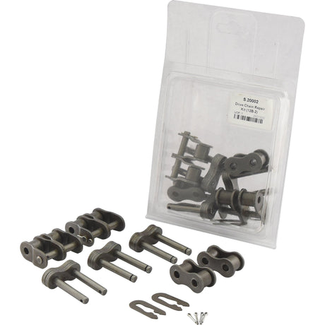 The Sparex Drive Chain Repair Kit (12B-2) - S.20002, featuring duplex type components and a roller width of 11.68mm, includes chain links, pins, and clips along with a sealed package containing additional chain components. This kit ensures compatibility with a range of equipment due to its 12B-2 chain reference.