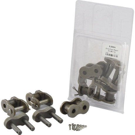 Drive Chain Repair Kit (80-1 H) - S.20004 includes Sparex chain links, pins, and small screws, with some parts in a clear plastic package and others laid out in front.