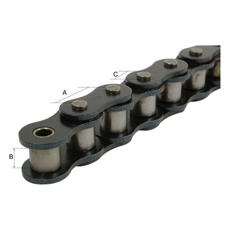 Close-up of a Sparex Drive Chain - Simplex, 120-1 (5M) with dimensions labeled as A, B, and C indicating length, width, and pitch. (Sparex Part No.S.20011).