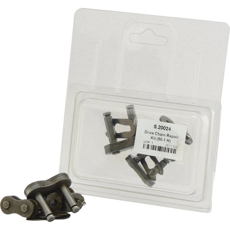 The Sparex Drive Chain Repair Kit (50-1 H) - S.20024 comes in a transparent plastic package and includes multiple chain links and pins, making it perfect for maintaining your drive chain with a roller width of 9.52mm and a pitch of 15.87mm.