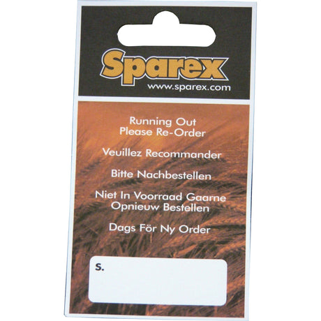 The Sparex RE-ORDER LABEL - SPAREX (Sparex Part No. S.2004) instructs to reorder supplies, featuring text in multiple languages including English, French, German, Dutch, and Swedish.