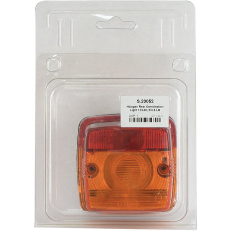 The Sparex halogen rear combination light, with model number S.20052, features a resilient polycarbonate lens and is designed for 12V systems. It offers dual functionality for both right-hand (RH) and left-hand (LH) applications. The product is packaged in clear plastic and labeled as "Rear Combination Light, 2 Function, RH & LH, 12V - S.20052.