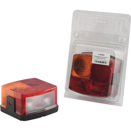 Two red and orange vehicle tail lights: one mounted on a black base, and the other packaged in plastic with a white label. Featuring Sparex's renowned quality, these square halogen Rear Combination Lights (S.20053) for the left-hand side provide superior visibility and durability with their 4 functions: brake, tail, indicator, and number plate light at 12V.