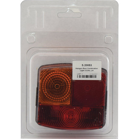 Packaged Square Halogen Rear Combination Light with red and amber sections, labeled 'S.20053' by Sparex, with 4 functions for brake, tail, indicator, and number plate illumination.