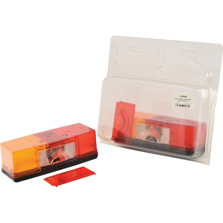 Two vehicle tail lights: one unboxed and one packaged. The Sparex Rear Combination Light, S.20055, features red and amber lenses with a clear segment in the center for halogen bulbs. A detached red lens cover is placed in front of the unboxed light, making it perfect for brake, tail, or indicator functions at 12/24V on the left-hand side.