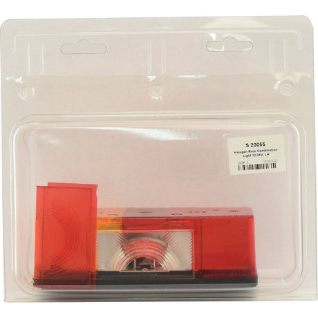 A Sparex Rear Combination Light (Halogen) with a red and clear lens, labeled "S.20055," packaged in a Sparex plastic clamshell package, functions as a brake light, tail light, and indicator for the left-hand side of 12/24V systems.