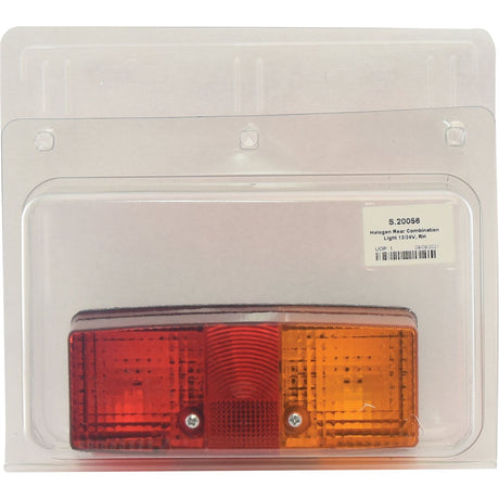 A packaged Sparex Rear Combination Light (Halogen) with red and amber sections, displayed in a clear plastic clamshell packaging. A label with product details, including Brake/Tail/Indicator functions, is affixed to the upper right of the packaging.