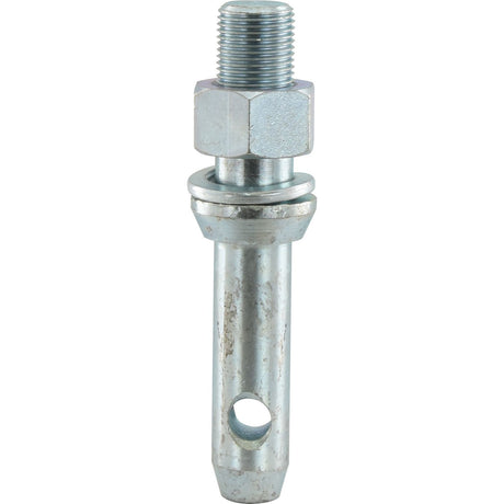 The Sparex Lower Link Implement Pin 22x140mm, ideal for a Massey Ferguson implement attachment, features a threaded top of 7/8''x40mm, hex nut, washer, smooth cylindrical body, and a hole near the bottom (Sparex Part No. S.200).