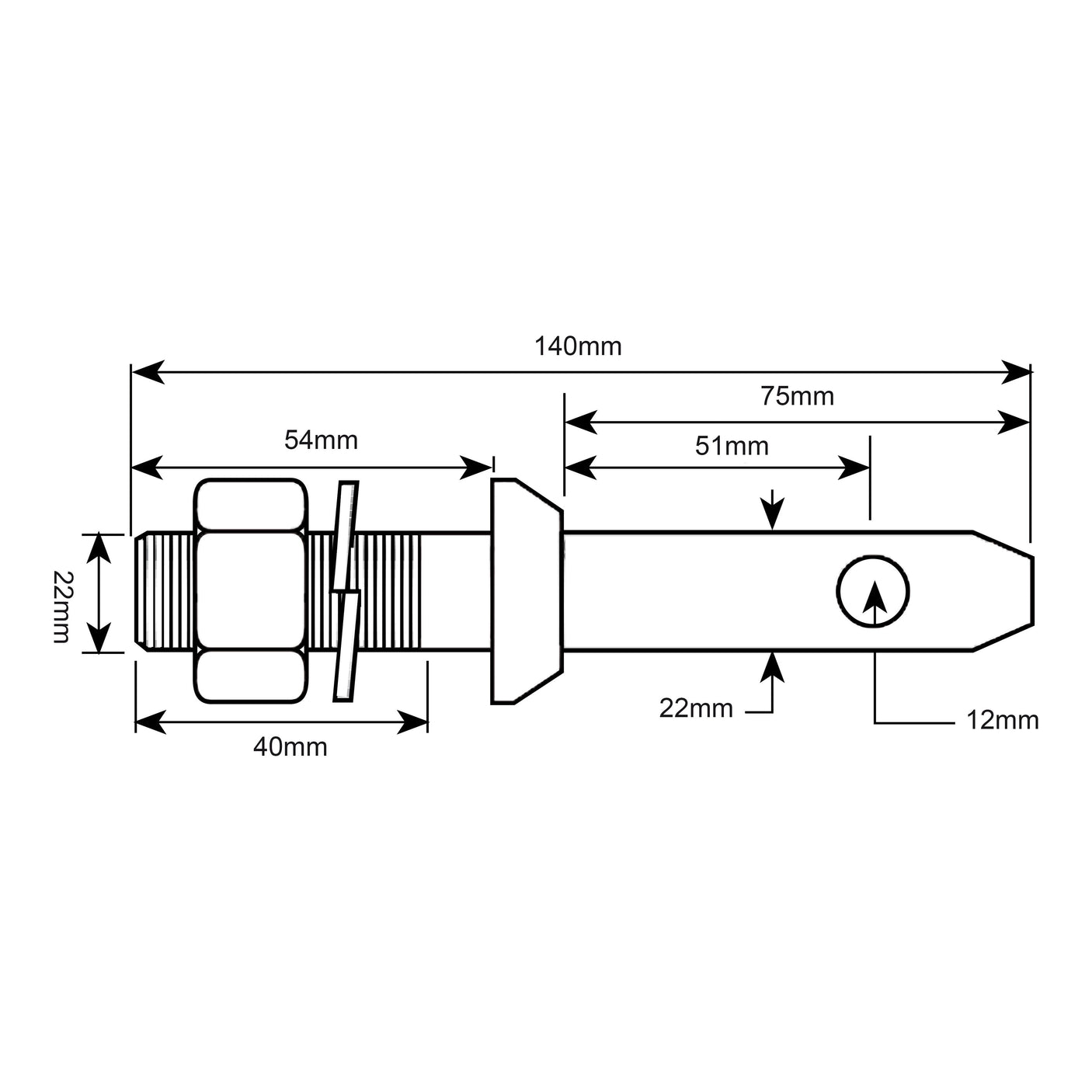 Technical diagram of the Sparex Lower Link Implement Pin 22x140mm (Sparex Part No. S.200) with detailed dimensions, featuring a total length of 140mm and a shaft width of 22mm, accompanied by clearly labeled component lengths and widths. Ideal for use with Massey Ferguson machinery or as an implement attachment pin.