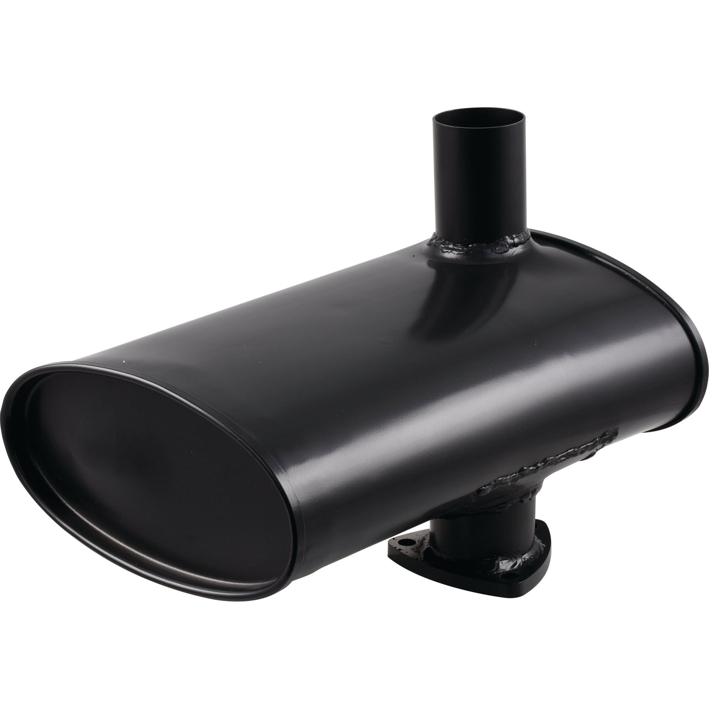 The Silencer - Underhood - S.20124 by Sparex is a black cylindrical muffler painted with heat-resistant paint, featuring a pipe extending from its top and another end welded to a mounting base.