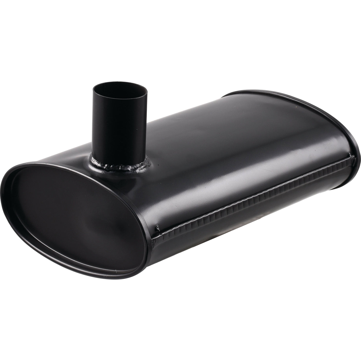 Presenting the Silencer - Underhood - S.20124 from Sparex: a black cylindrical metal muffler, coated with heat-resistant paint, featuring an exhaust pipe outlet on top.