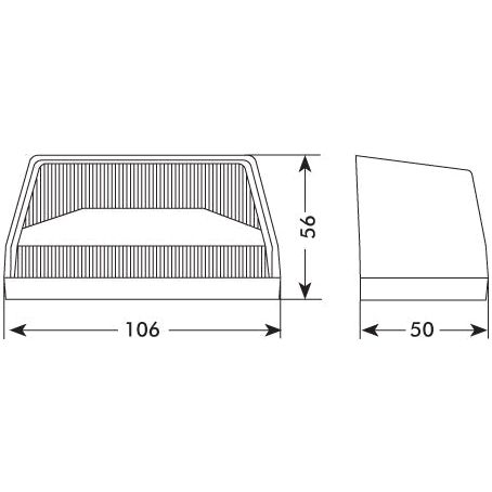 Technical drawing of a rectangular object with dimensions: 106 units wide, 50 units deep, and 56 units high, shown from the front and side views. The design features an IP65 rating for durability and is equipped with a Sparex Halogen Number Plate Light 12V - S.2015 for enhanced illumination.