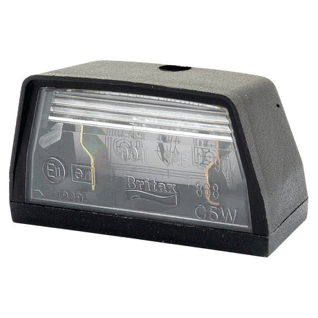 A close-up view of a rectangular Sparex Halogen Number Plate Light 12/24V - S.2016, featuring a black casing and clear plastic lens, with E Approved halogen illumination.