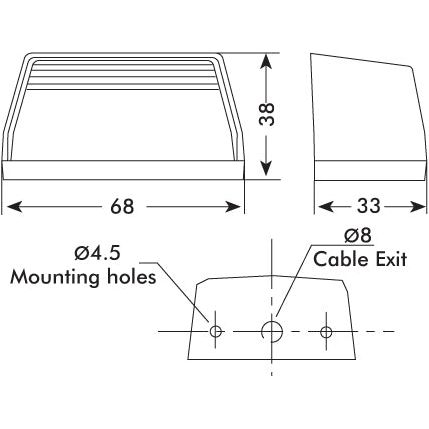 Technical drawing of the Halogen Number Plate Light 12/24V - S.2016 by Sparex, a rectangular object with a slanted side, featuring dimensions in millimeters: 68 width, 38 height, and 33 depth. It includes Ø4.5 mounting holes and an Ø8 cable exit. The design meets IP65 standards for dust and water resistance.