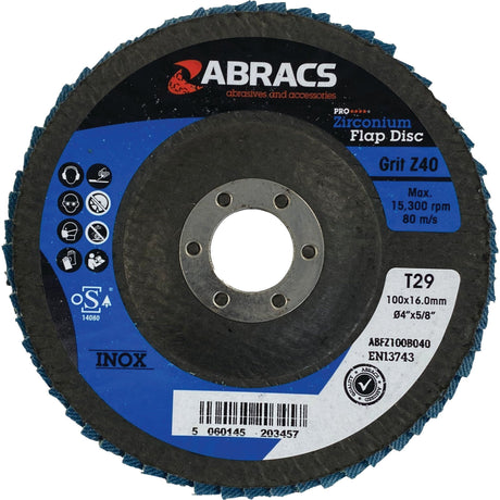 A Sparex Flap Disc⌀100 x 10 x 16mm - 40 Grit - S.20183, ideal for stainless steel, labeled T29, in blue and black, offering maximum performance.