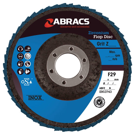 The Sparex Flap Disc ⌀125 x 10 x 22mm - 60 Grit (S.20187) features a blue and black design, making it ideal for stainless steel and other metal applications. With a maximum RPM of 13,300 and size F29, this accessory ensures high efficiency in various abrasive tasks.