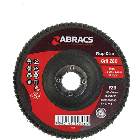 Close-up of a Sparex Flap Disc ⌀100 x 10 x 16mm - S.20189 with 80 grit, designed to operate at a maximum speed of 15,280 rpm. The red label showcases product details and various certification icons, underscoring its superior performance for stainless steel applications.