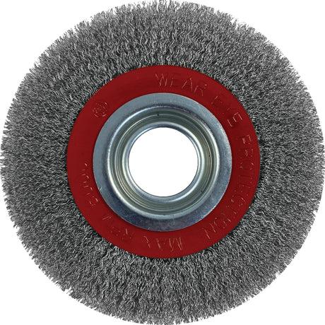 Close-up view of a Sparex Wire Wheel Brush 150mm (Sparex Part No.S.20194) with a red center and metal bristles, perfect for cleaning and polishing surfaces.