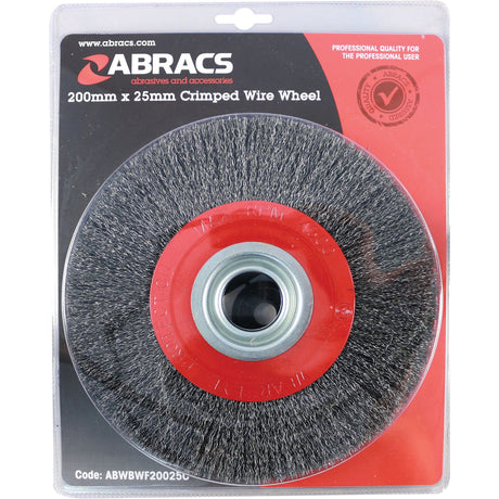 Image of a packaged Sparex Wire Wheel Brush 200mm. The circular brush features a central red ring, constructed from crimped steel and designed for professional use. Product code: S.20195.