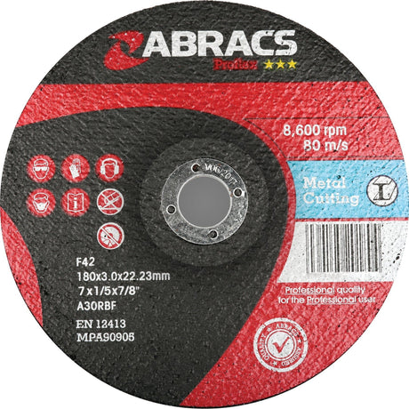 The Metal Cutting Disc ⌀178 x 3 x 22.23mm A30RBF - S.20197 by Sparex features labels that indicate the manufacturer, specifications, and certifications. The red and black color scheme denotes its professional-quality performance. Measuring 178x3.0x22.23mm, this high-performance disc is designed for metal cutting at 8,600 RPM and a speed of 80 m/s.